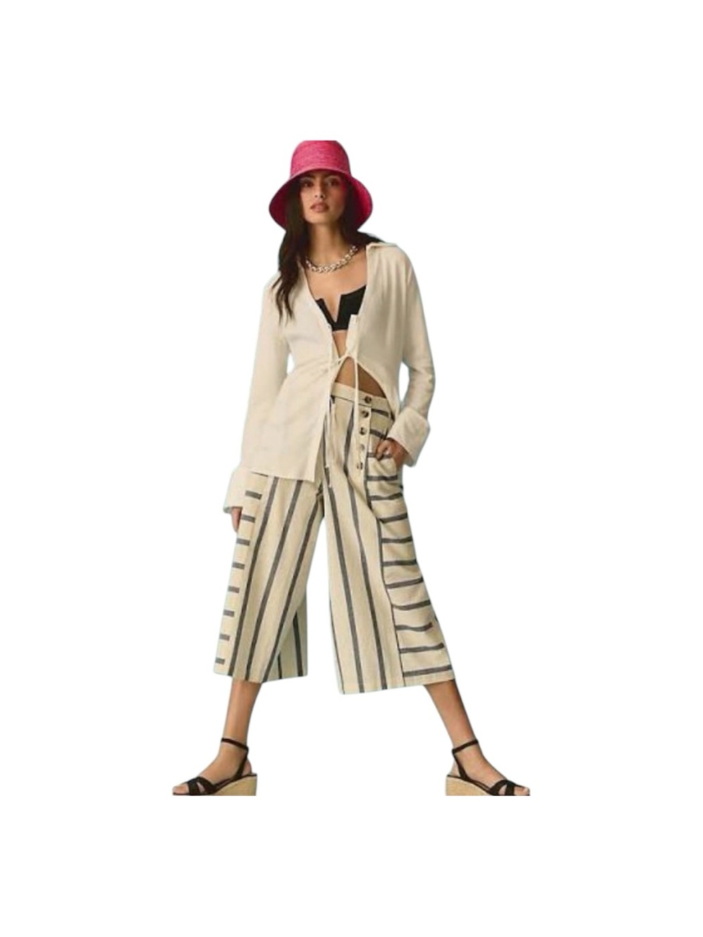 Maeve Sailor Culottes Cotton Cream With Navy Stripes Wide Leg Capris 8
